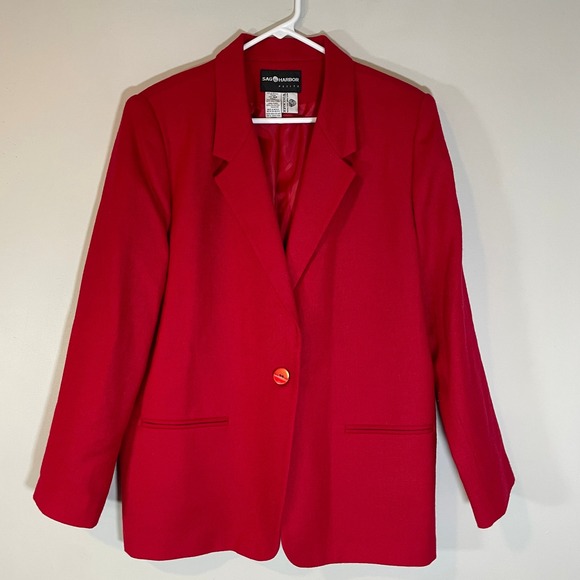 Sag Harbor Jackets & Blazers - VTG Sag Harbor Petite Red Pure Wool Single Button Blazer Sz 16P Women's Holiday